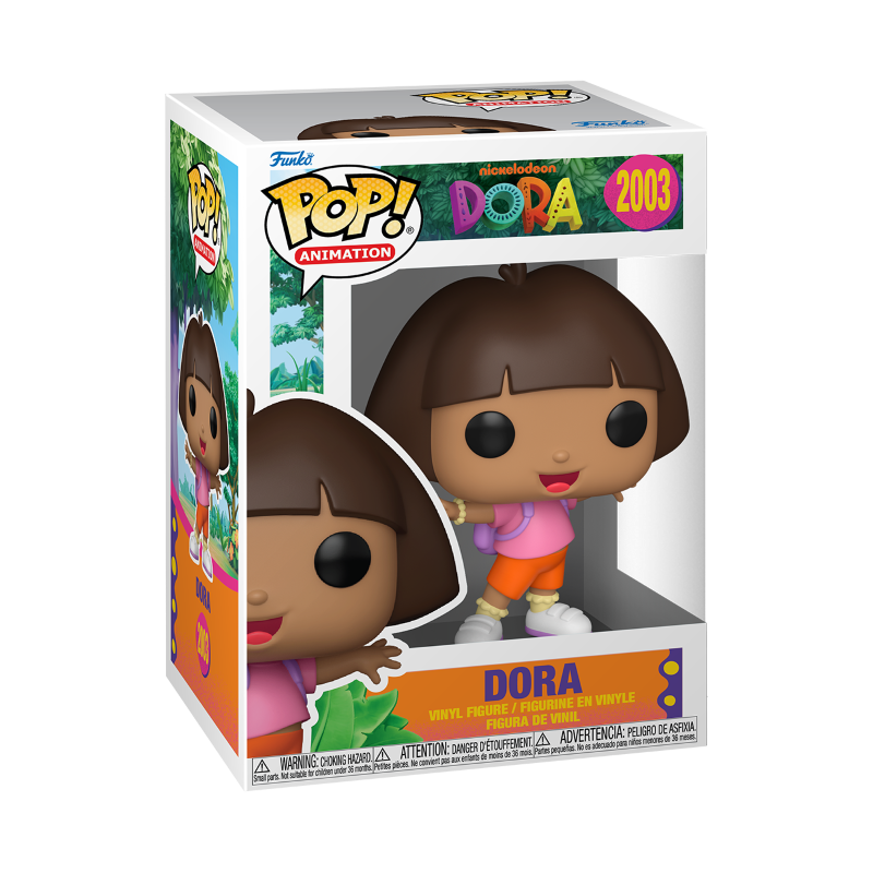 Figurine Funko POP de Dora l'Exploratrice dans sa tenue avec vue sur la boîte vitrée.