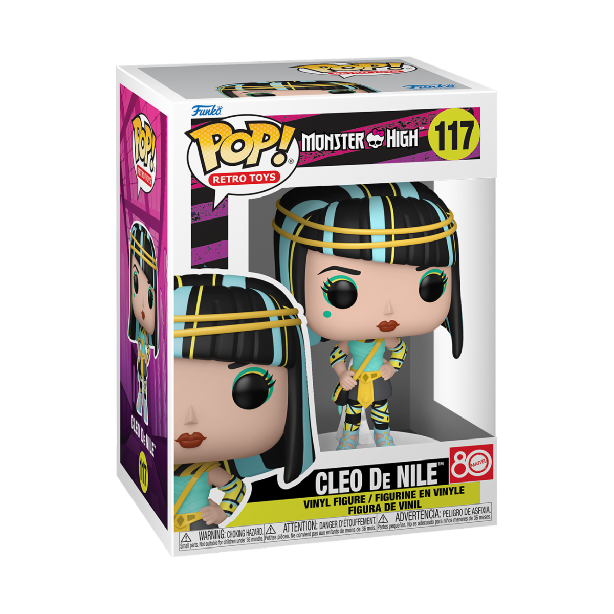 Figurine Funko POP du personnage de Cleo De Nile de la licence Monster High avec une vue sur la boîte vitrée