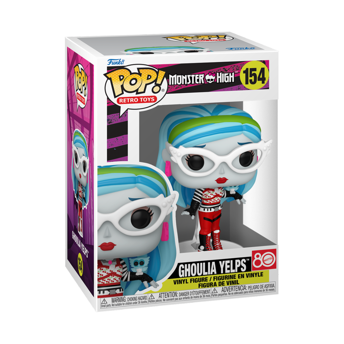 Figurine Funko POP du personnage de Ghoulia Yelps de la licence Monster High avec une vue sur la boîte vitrée