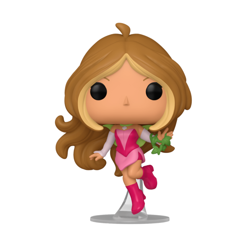 Figurine Funko Pop du personnage de Flora des Winx Club sur socle avec une plante à la main