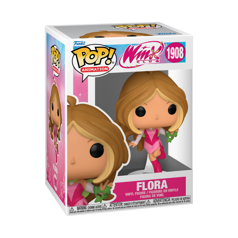 Figurine Funko Pop du personnage de Flora des Winx Club sur socle avec une plante à la main avec rendu en boîte