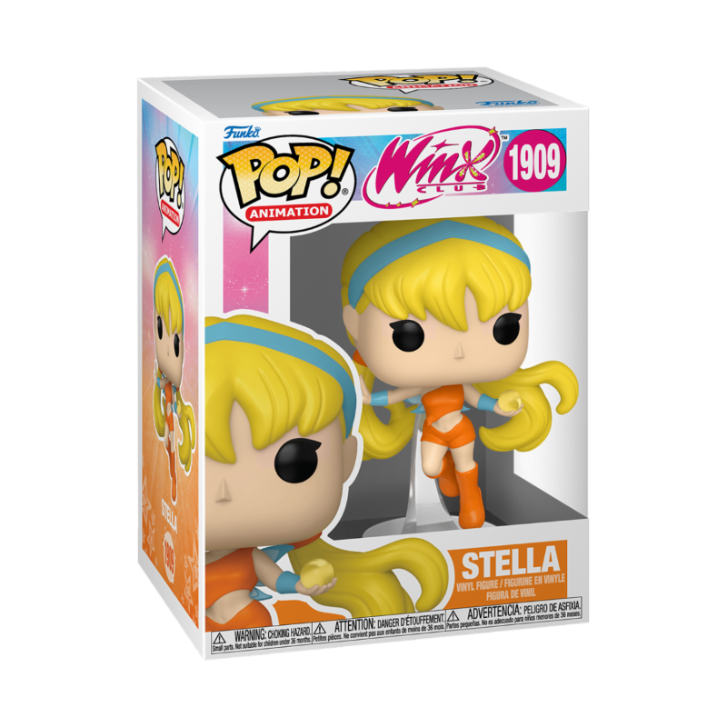 Figurine Funko Pop du personnage de Stella des Winx Club sur socle avec une boule de lumière à la main avec rendu en boîte