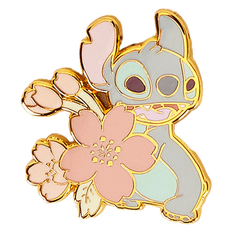 Pins du personnage de Stitch accompagné d'une fleur de cerisier rose