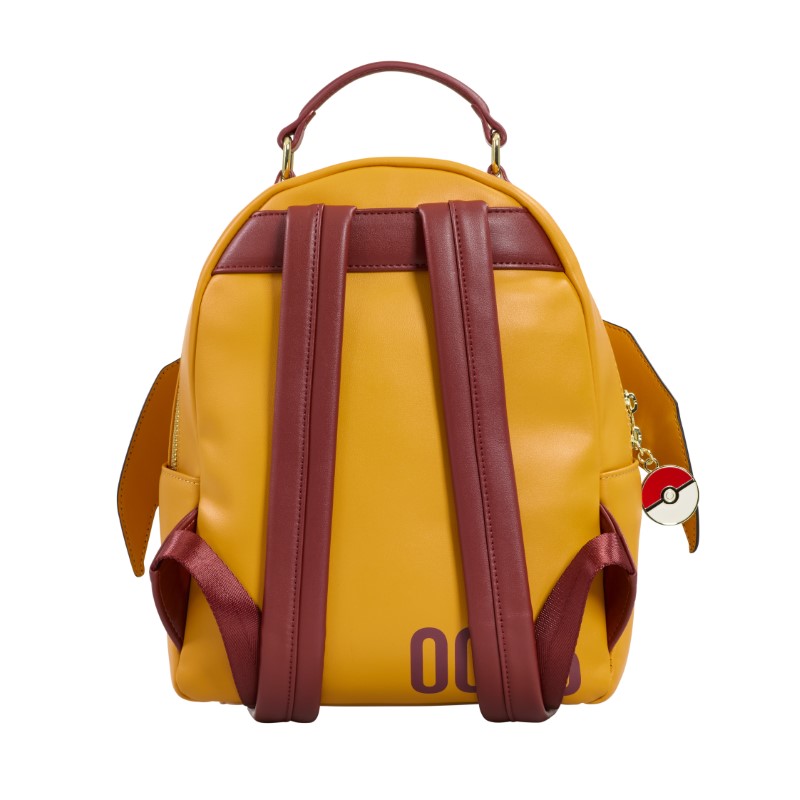 Mini sac à dos Loungefly avec le pokemon Dracaufeu, vue de face arrière avec des sangles marrons et le numéro du pokemon dans le pokedex