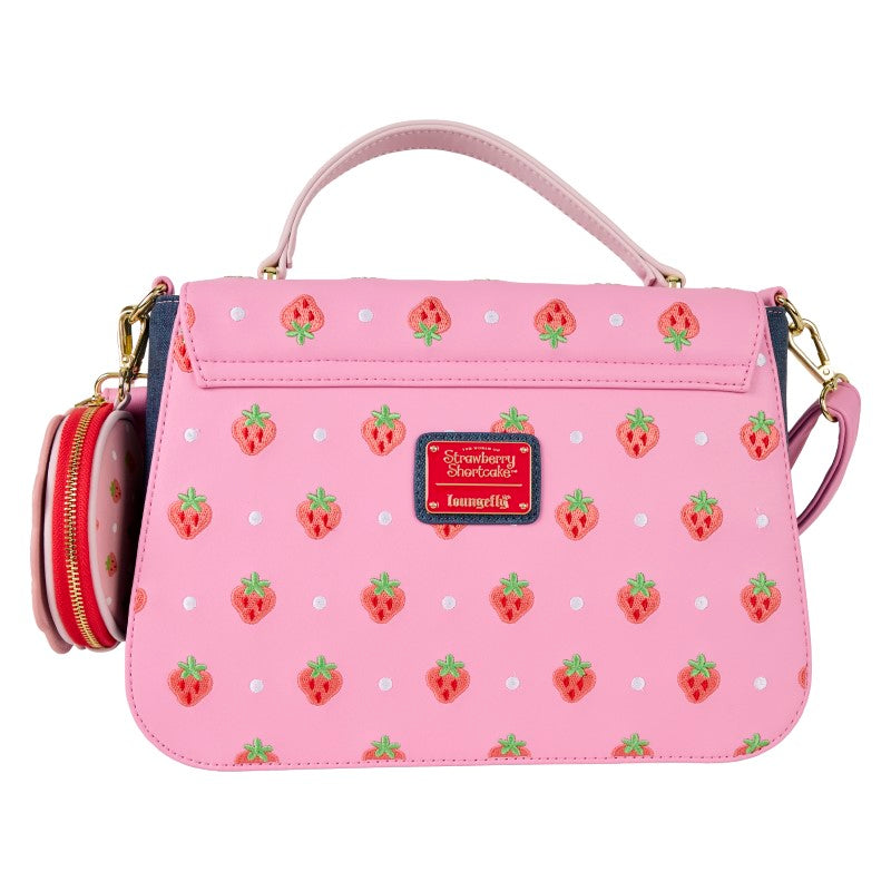 Sac à main Loungefly Charlotte aux Fraises rose avec vue sur la face arrière, motif de fraises