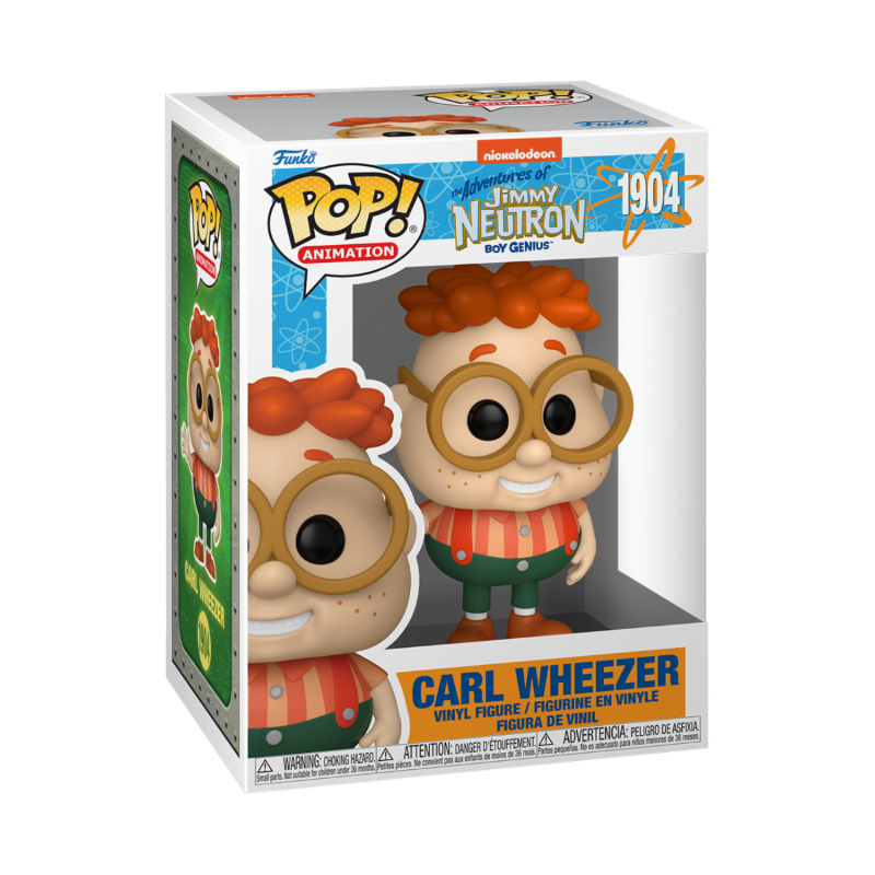 Figurine Funko Pop du personnage de Carl de Jimmy Neutron avec bras levé et sourire avec rendu en boîte