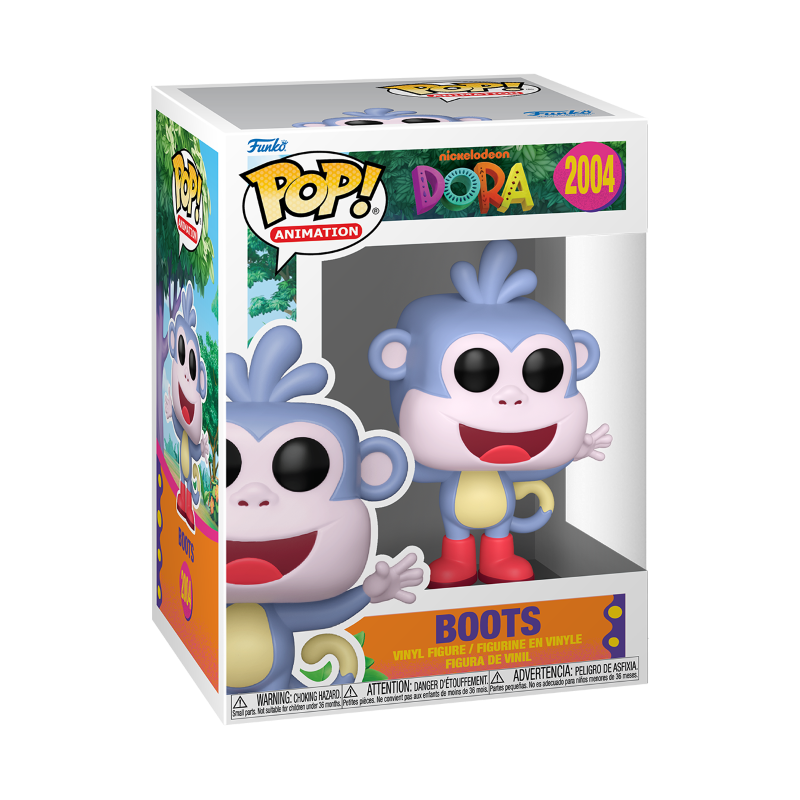 Figurine Funko POP de Babouche le fidèle compagnon de Dora, de la licence Dora l'Exploratrice avec vue sur la boîte vitrée.