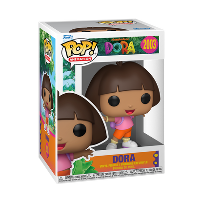 Figurine Funko POP de Dora l'Exploratrice dans sa tenue avec vue sur la boîte vitrée.