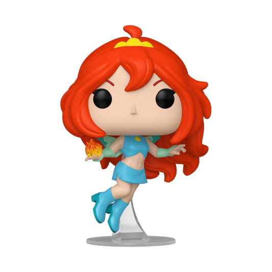 Figurine Funko Pop du personnage de Bloom des Winx Club sur socle avec une flamme à la main