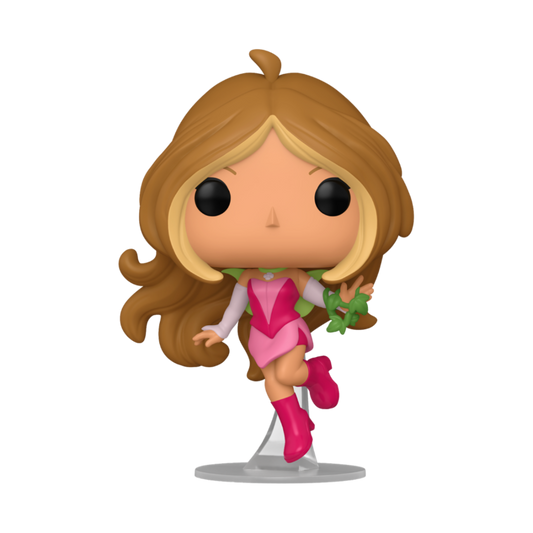 Figurine Funko Pop du personnage de Flora des Winx Club sur socle avec une plante à la main