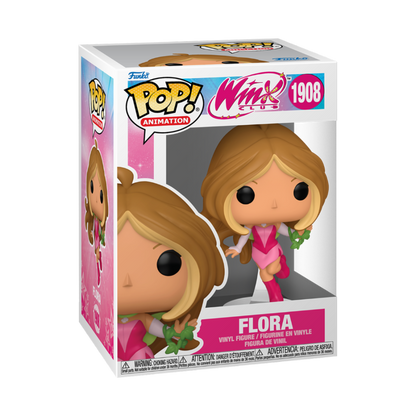 Figurine Funko Pop du personnage de Flora des Winx Club sur socle avec une plante à la main avec rendu en boîte