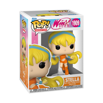 Figurine Funko Pop du personnage de Stella des Winx Club sur socle avec une boule de lumière à la main avec rendu en boîte