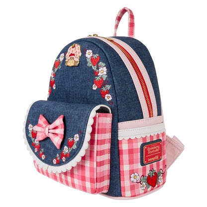 Mini sac à dos Loungefly Charlotte aux Fraises vichy rose et un effet denim, avec vue sur la face de côté