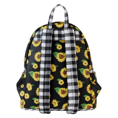 Sac à dos Loungefly noir face arrière avec motif tournesols et des sangles motif vichy blanc, gris et noir