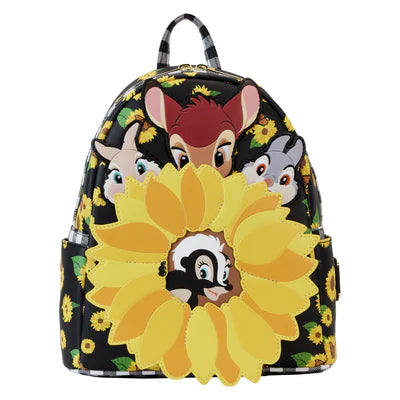 Sac à dos Loungefly noir face avant avec motif tournesols et un gros tournesol central avec Fleur au milieu