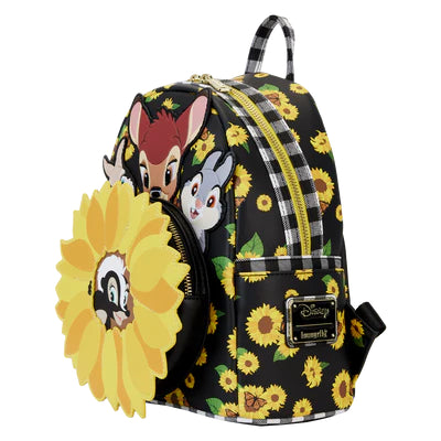 Sac à dos Loungefly noir de côté avec motif tournesols et un tournesol central avec Fleur au milieu
