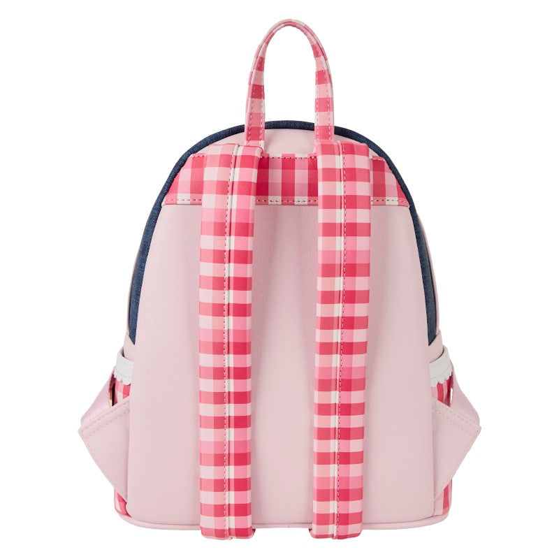 Mini sac à dos Loungefly Charlotte aux Fraises rose avec les sangles en vichy rose, avec vue sur la face arrière