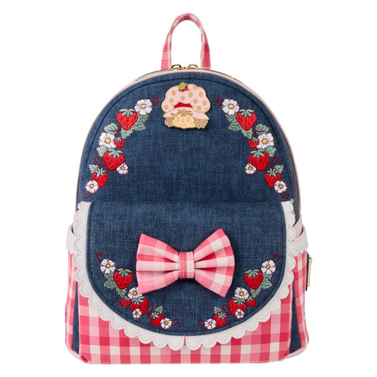Mini sac à dos Loungefly Charlotte aux Fraises vichy rose et un effet denim, avec vue sur la face avant