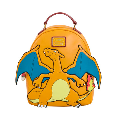 Mini sac à dos Loungefly avec le pokemon Dracaufeu sur la face avant entièrement en orange