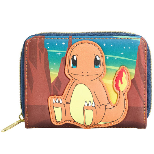 Face avant du portefeuille Loungefly à l'effigie du Pokemon Salamèche à l'avant en broderie et arrière en bleu 