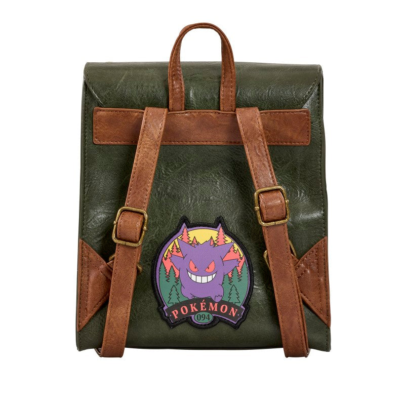 Mini sac à dos munis style scout vue de l'arrière avec sangles effet cuir marrons, et écusson de Ectoplasma
