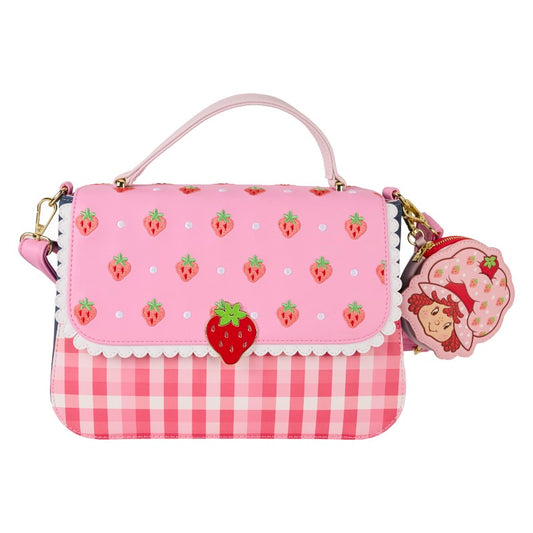 Sac à main Loungefly Charlotte aux Fraises rose vichy et denim, accompagné d'un porte-monnaie accroché au sac, vue sur la face avant